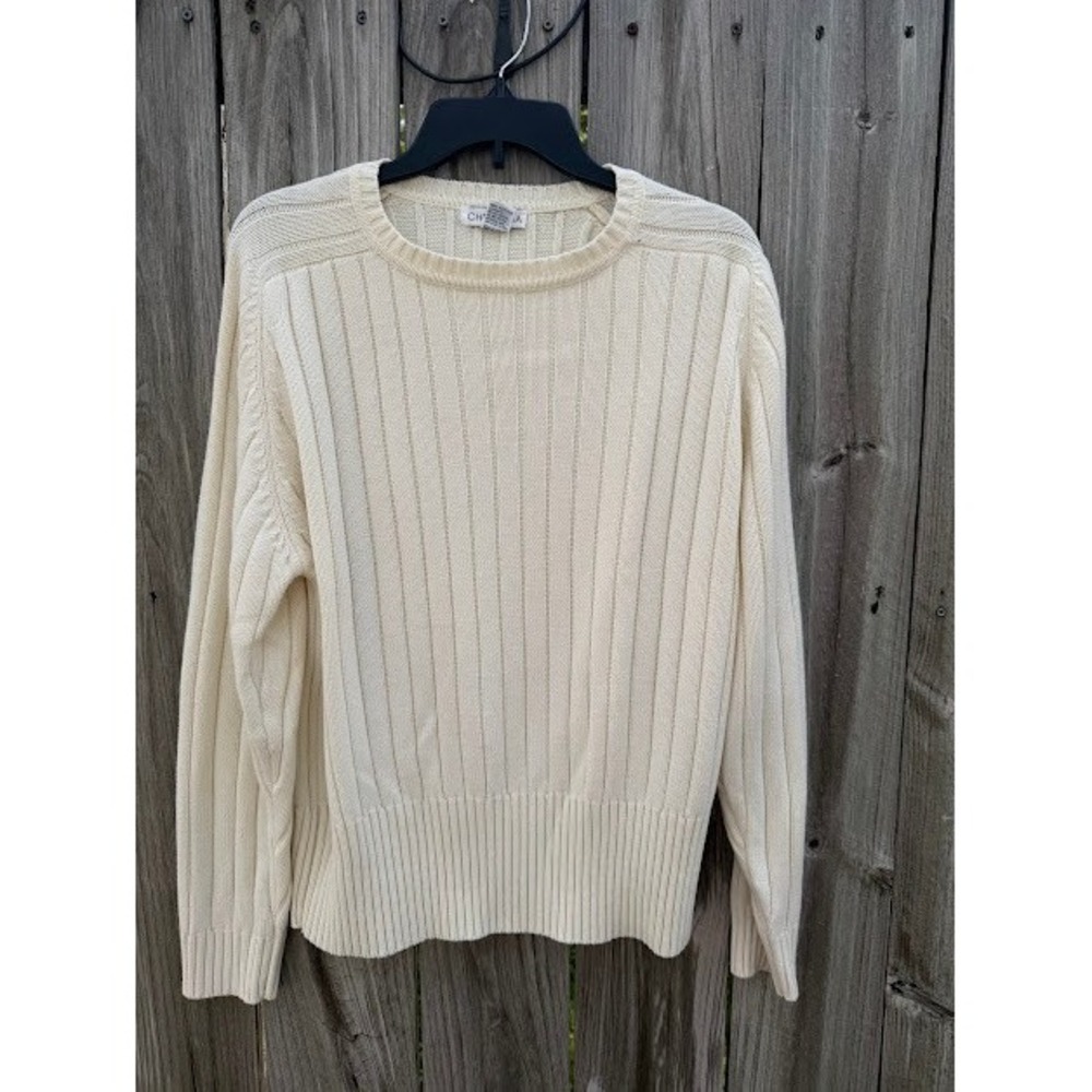 Vintage Ribbed Knit Christina Sweater L Cream Classic Crewneck Long Sleeve